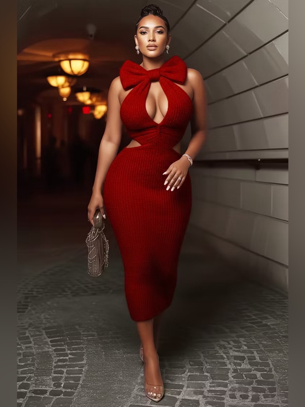 NWT Loragal Red Bow Neck Ribbed Keyhole Midi Dress Open Back Holiday Party Dress